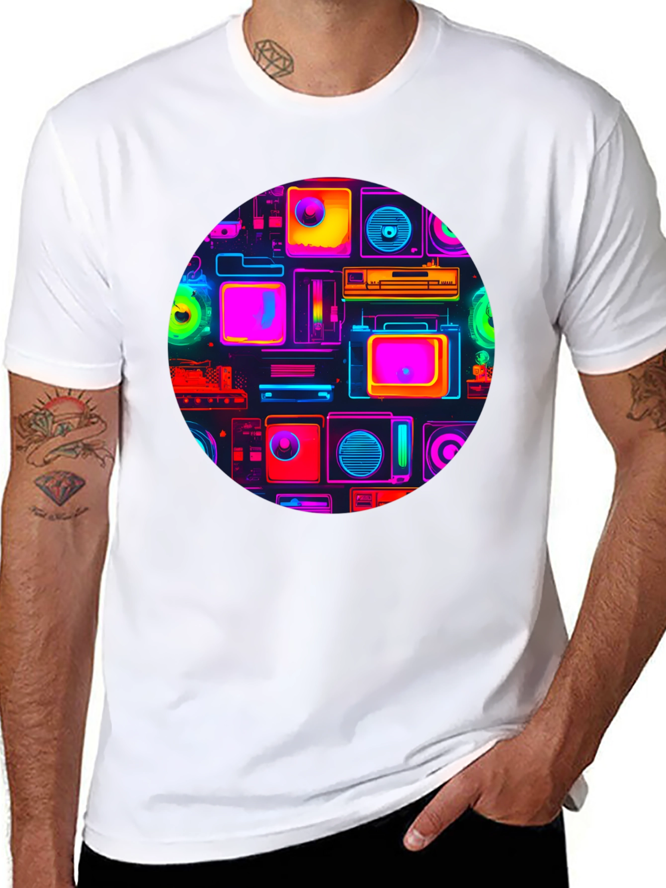 Neon Retro Tech T-Shirt - Graphic Print Tee