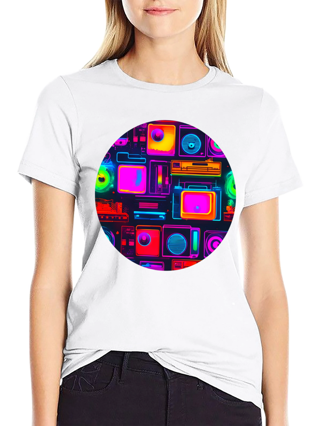 Neon Retro Tech T-Shirt - Graphic Print Tee