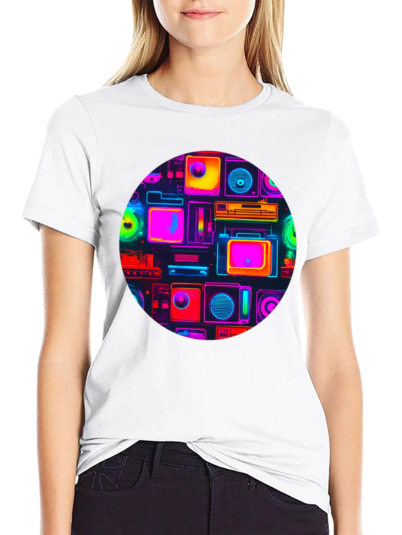 Neon Retro Tech T-Shirt - Graphic Print Tee