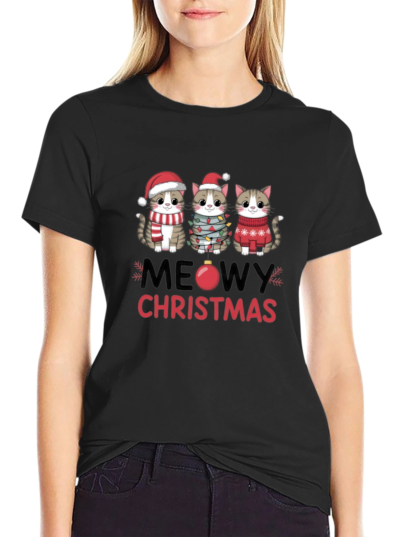 Meowy Christmas Cat T-Shirt Festive Holiday Apparel