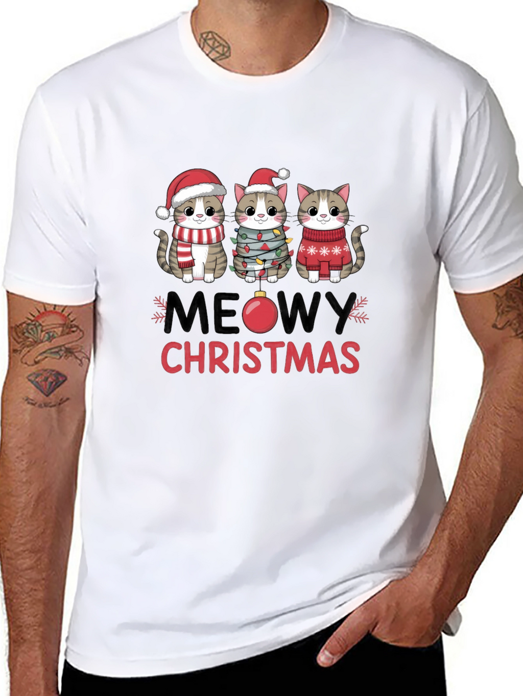 Meowy Christmas Cat T-Shirt Festive Holiday Apparel