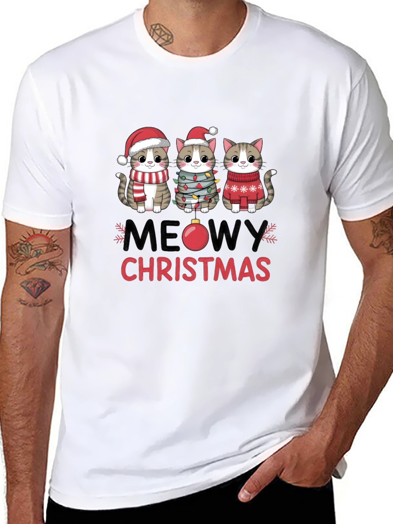 Meowy Christmas Cat T-Shirt Festive Holiday Apparel