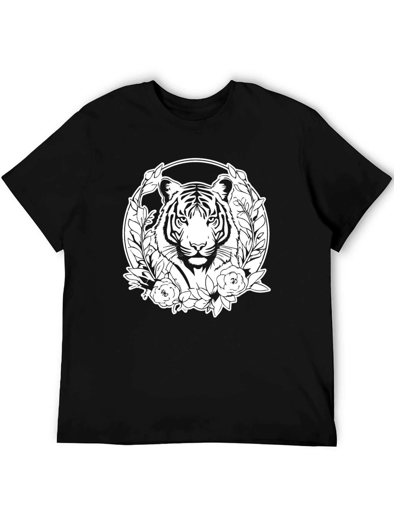 Tiger Floral Graphic Print Mens Black T-Shirt