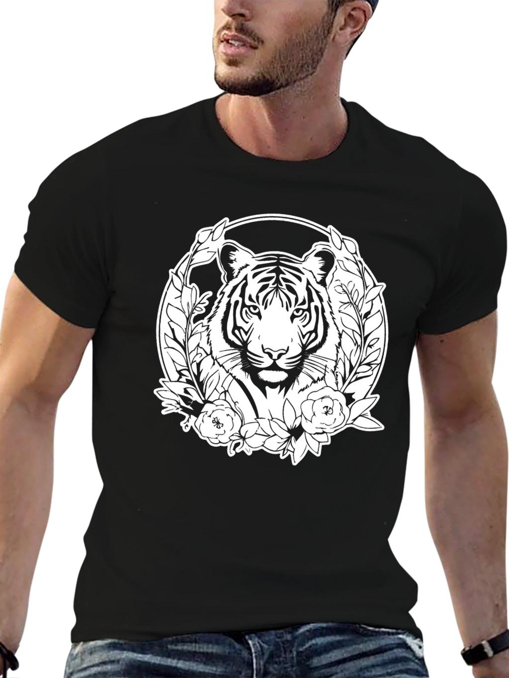 Tiger Floral Graphic Print Mens Black T-Shirt