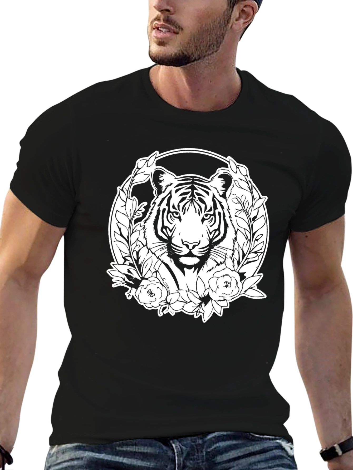 Tiger Floral Graphic Print Mens Black T-Shirt