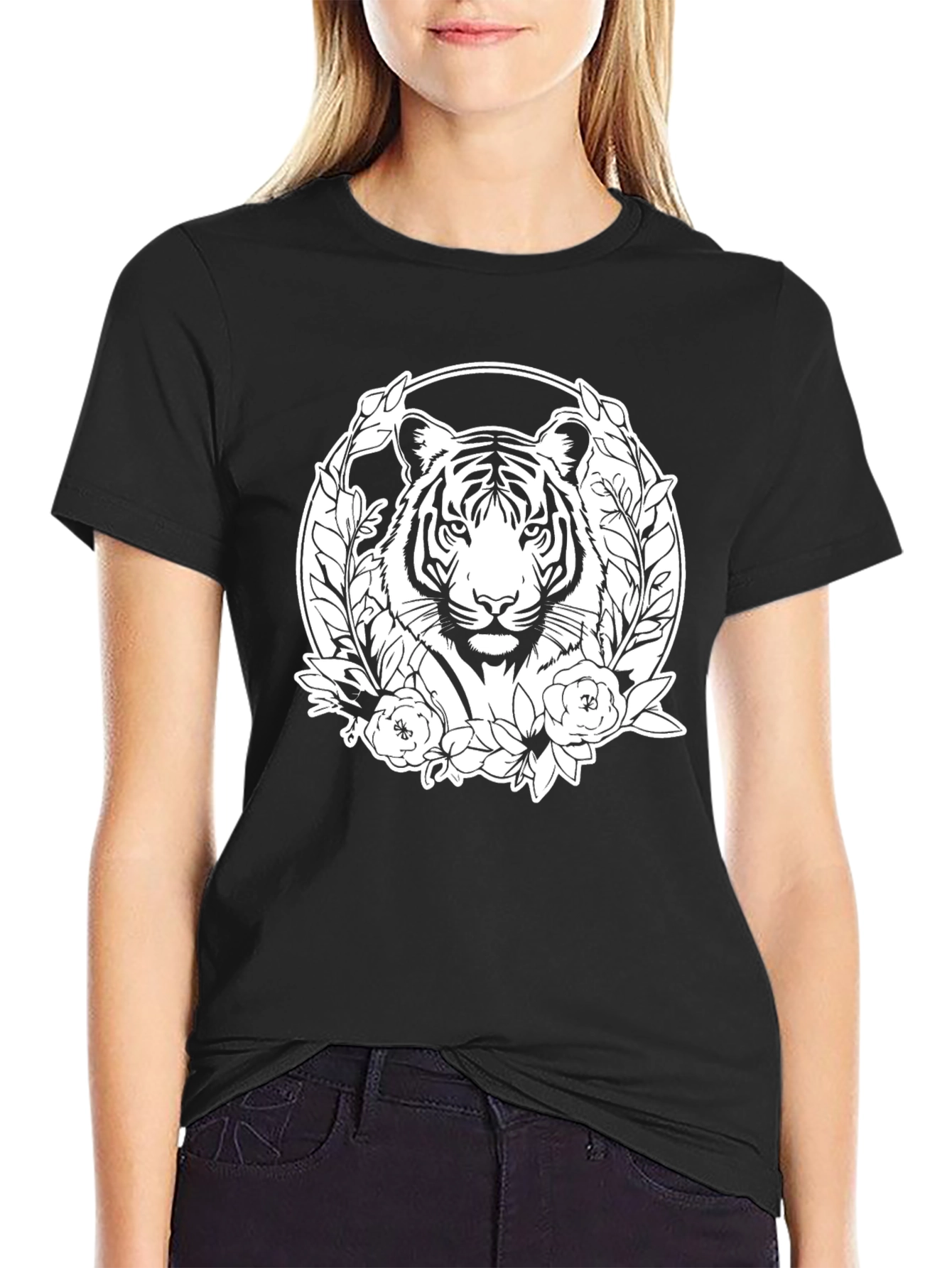 Tiger Floral Graphic Print Mens Black T-Shirt