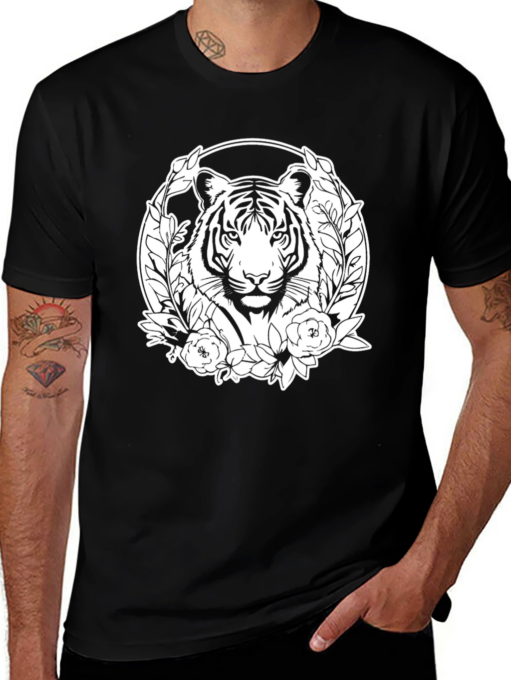 Tiger Floral Graphic Print Mens Black T-Shirt
