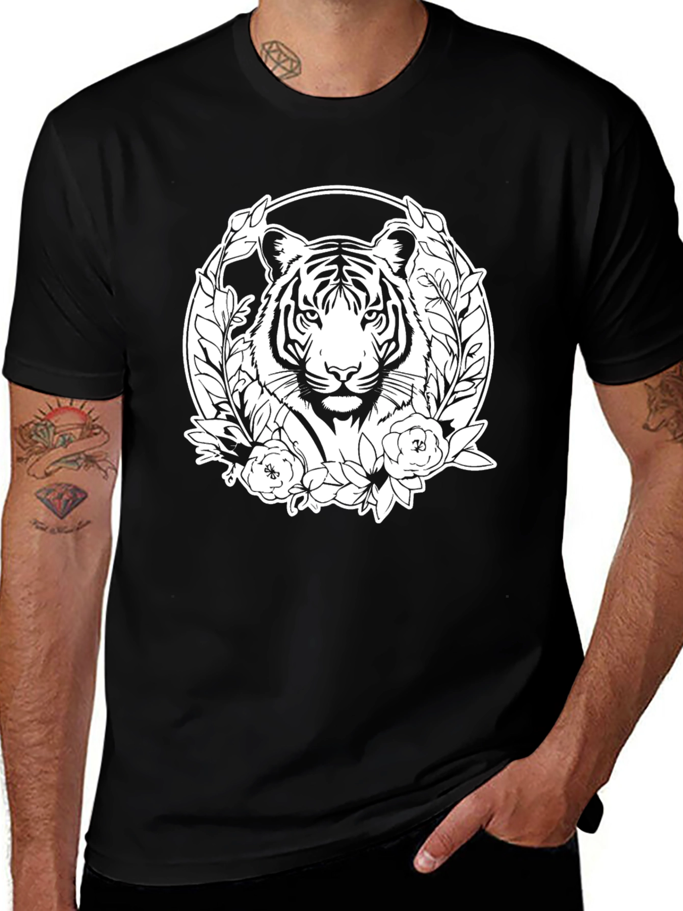 Tiger Floral Graphic Print Mens Black T-Shirt