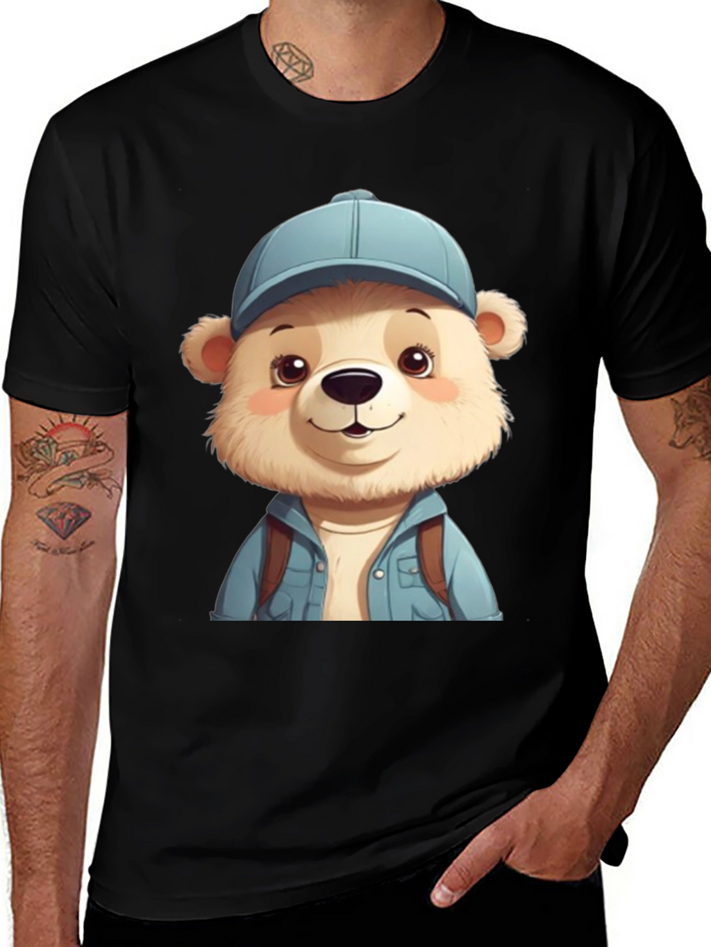 Cute Bear Tourist T-Shirt - Black Cotton Blend