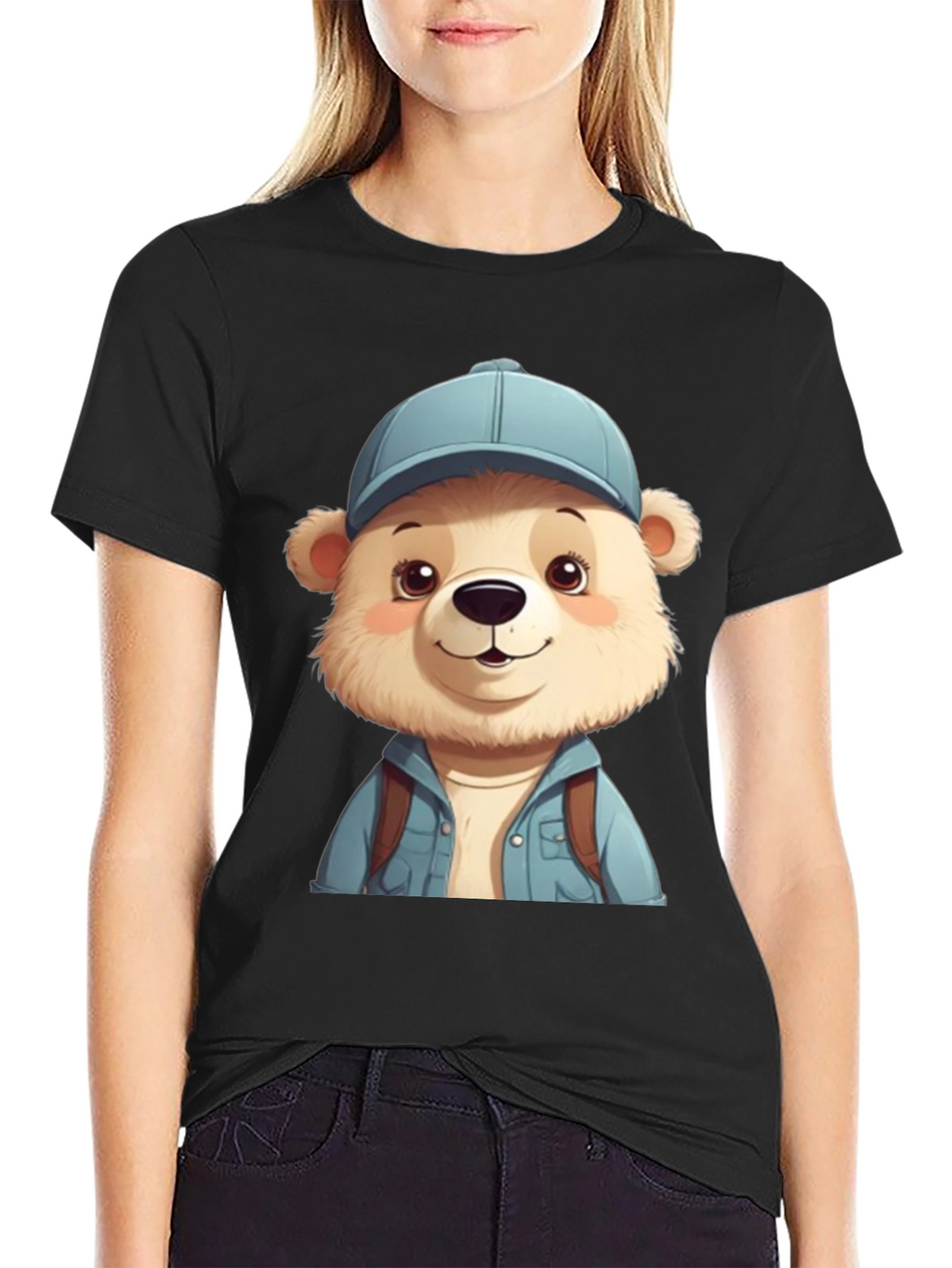 Cute Bear Tourist T-Shirt - Black Cotton Blend