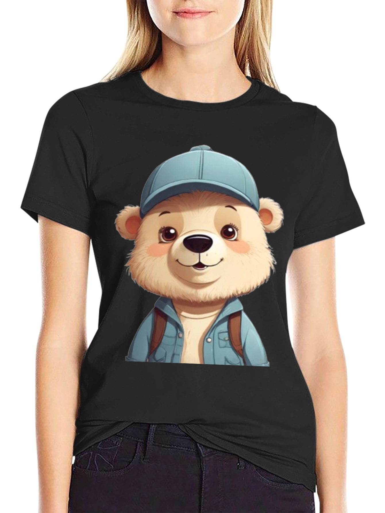 Cute Bear Tourist T-Shirt - Black Cotton Blend