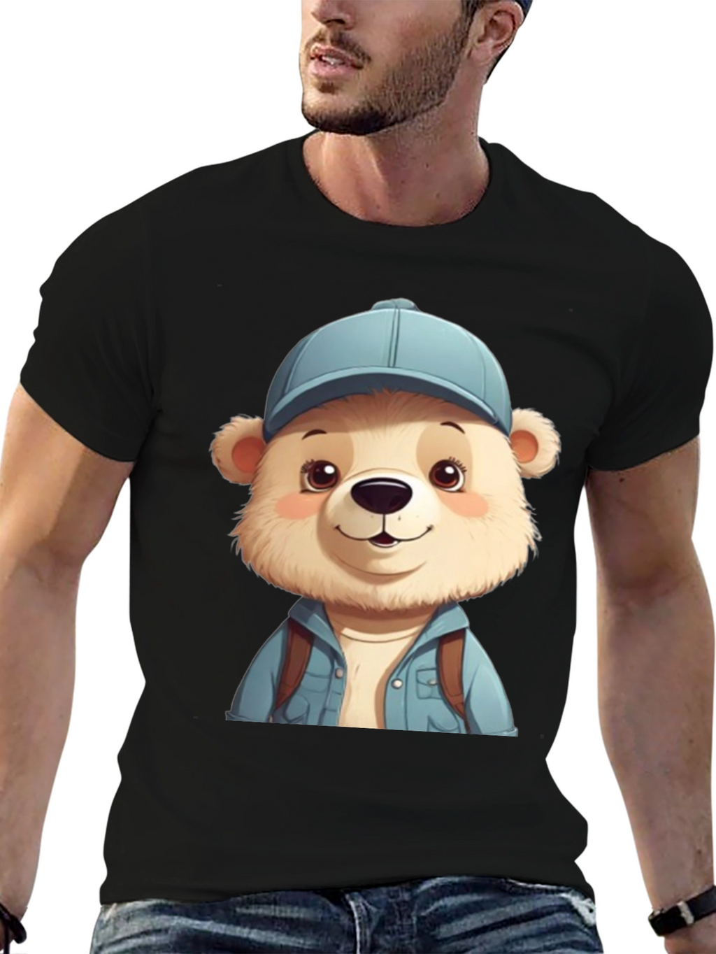 Cute Bear Tourist T-Shirt - Black Cotton Blend