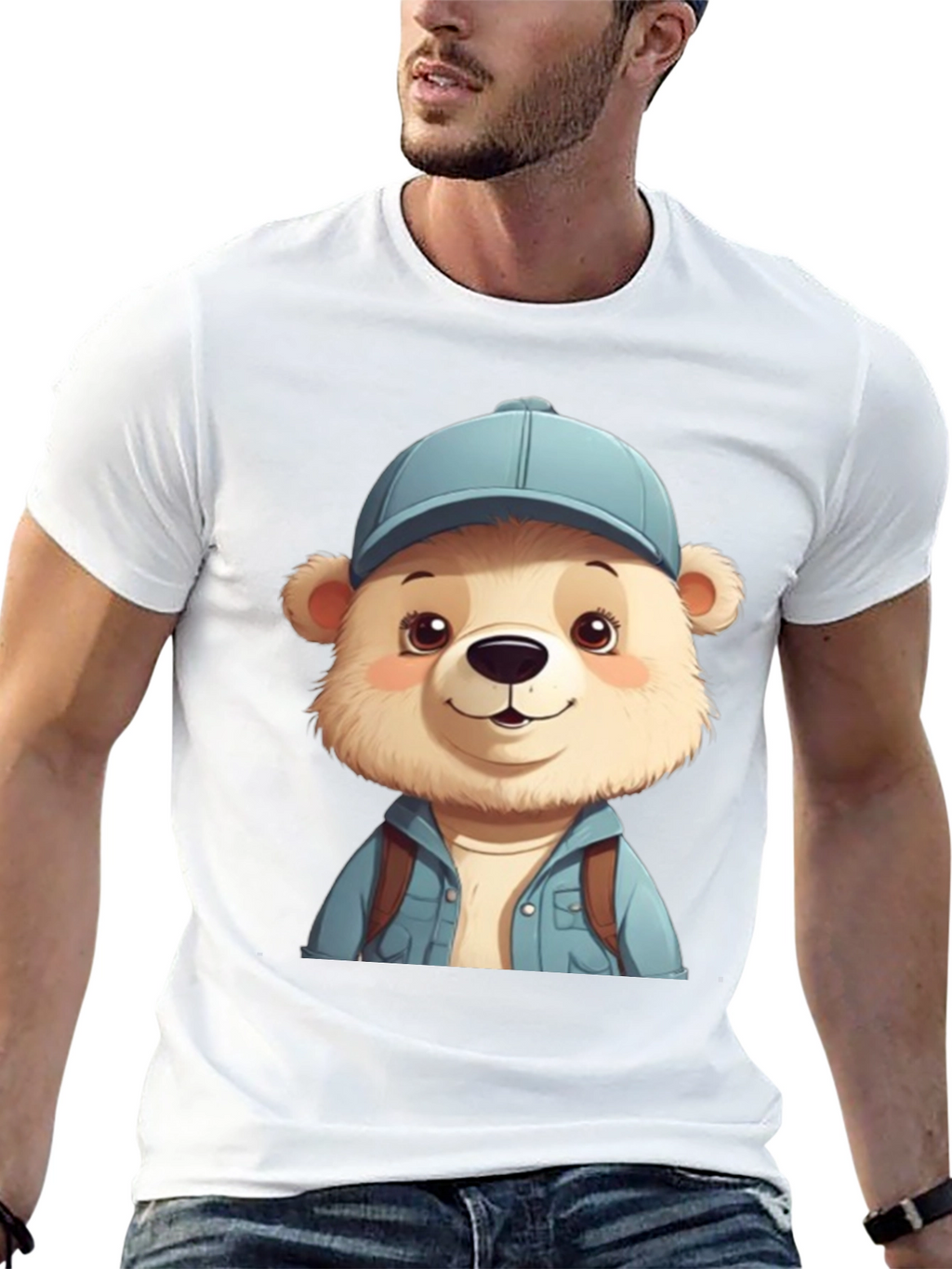 Cute Bear Tourist T-Shirt - Black Cotton Blend