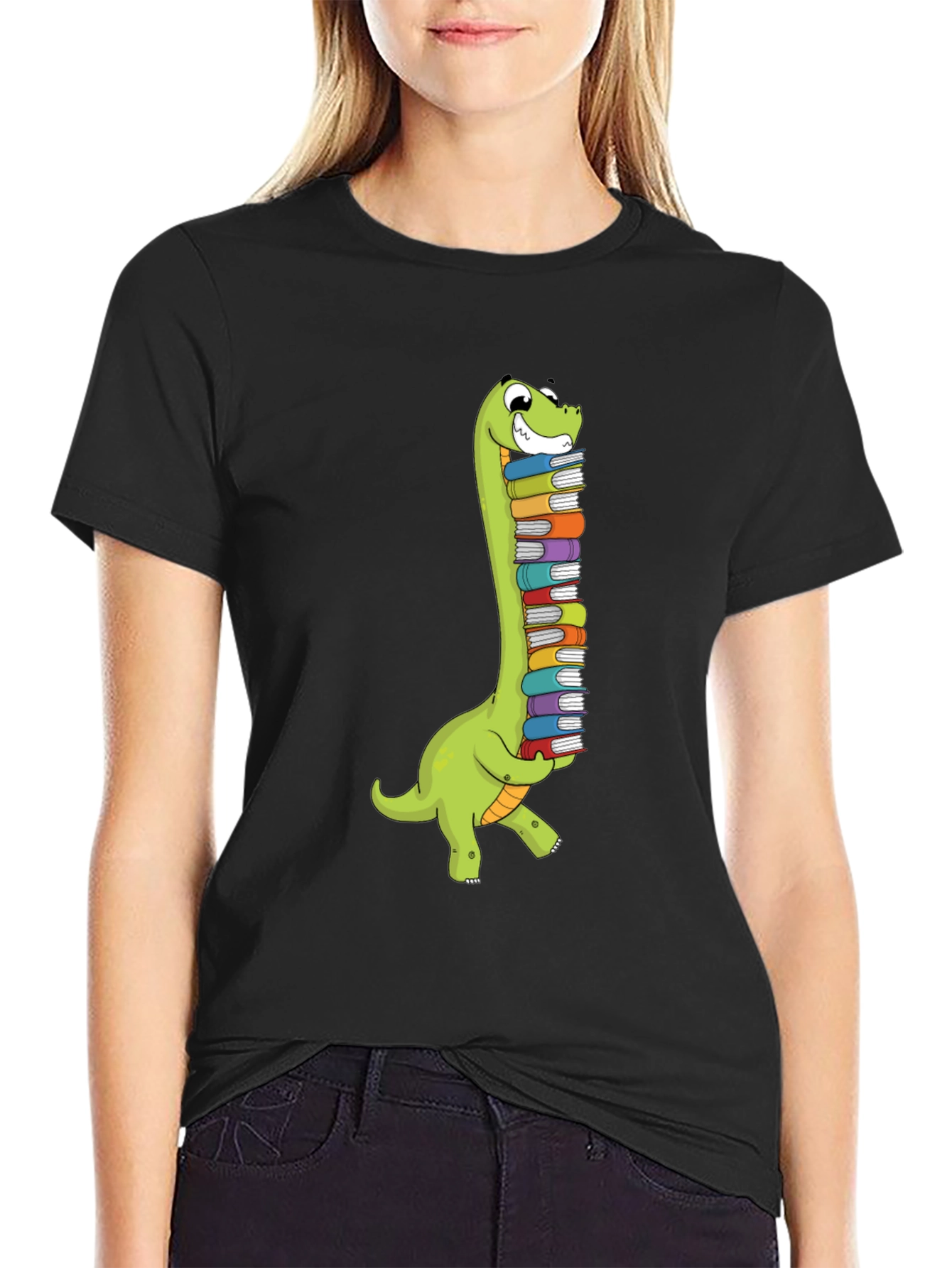 Dino Book Lover T-Shirt - Cute Cartoon Brontosaurus Graphic Tee