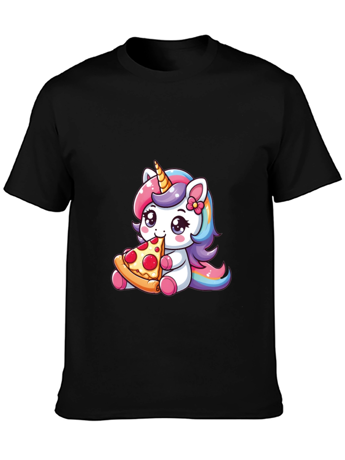Unicorn Eating Pizza Black T-Shirt