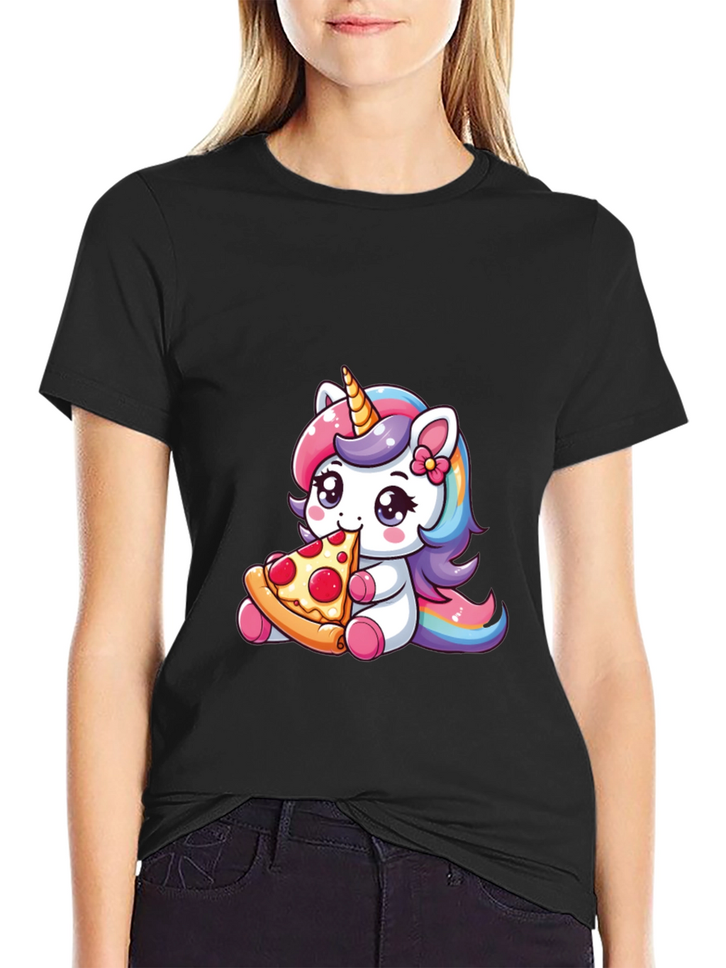 Unicorn Eating Pizza Black T-Shirt