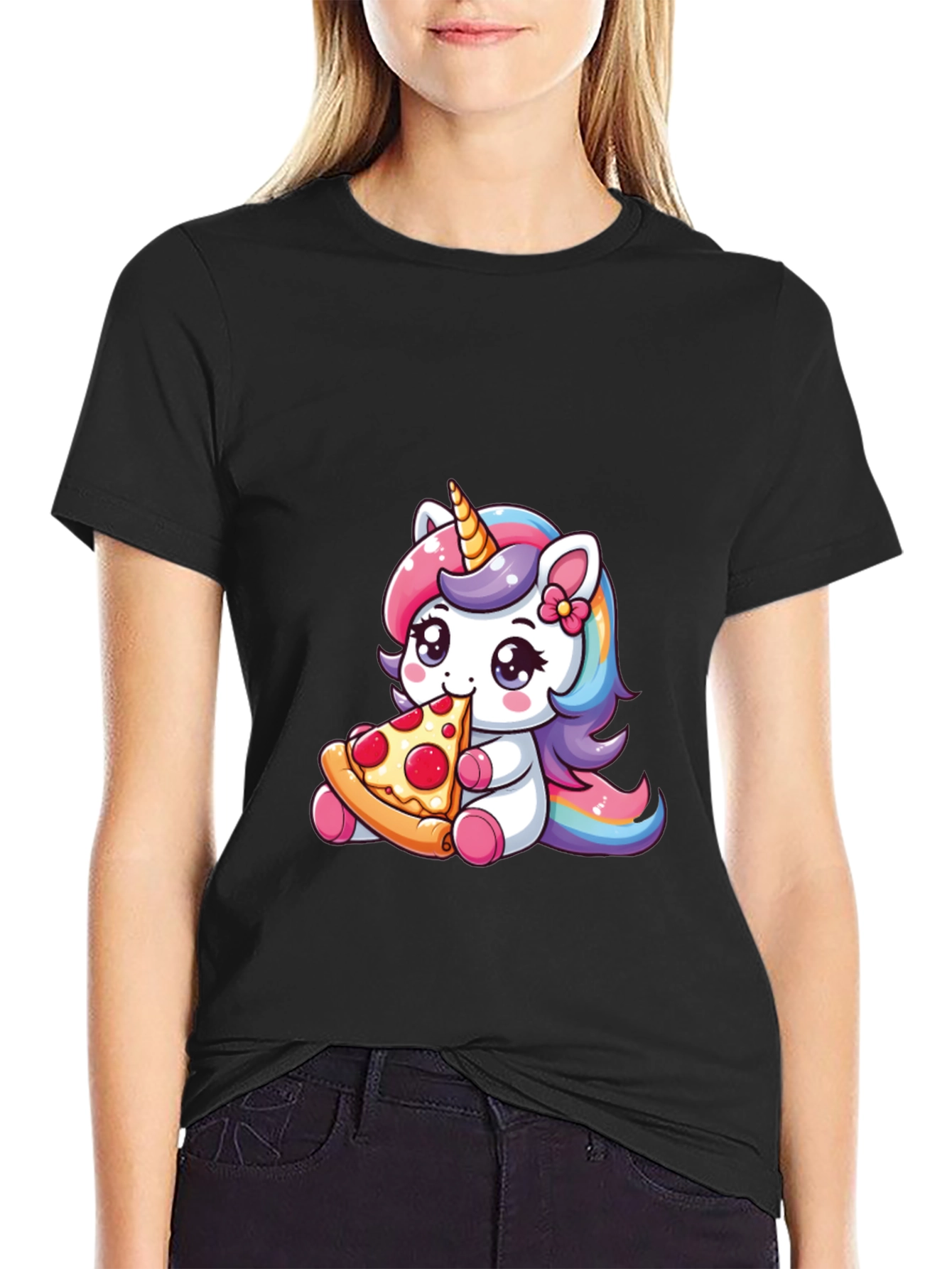 Unicorn Eating Pizza Black T-Shirt
