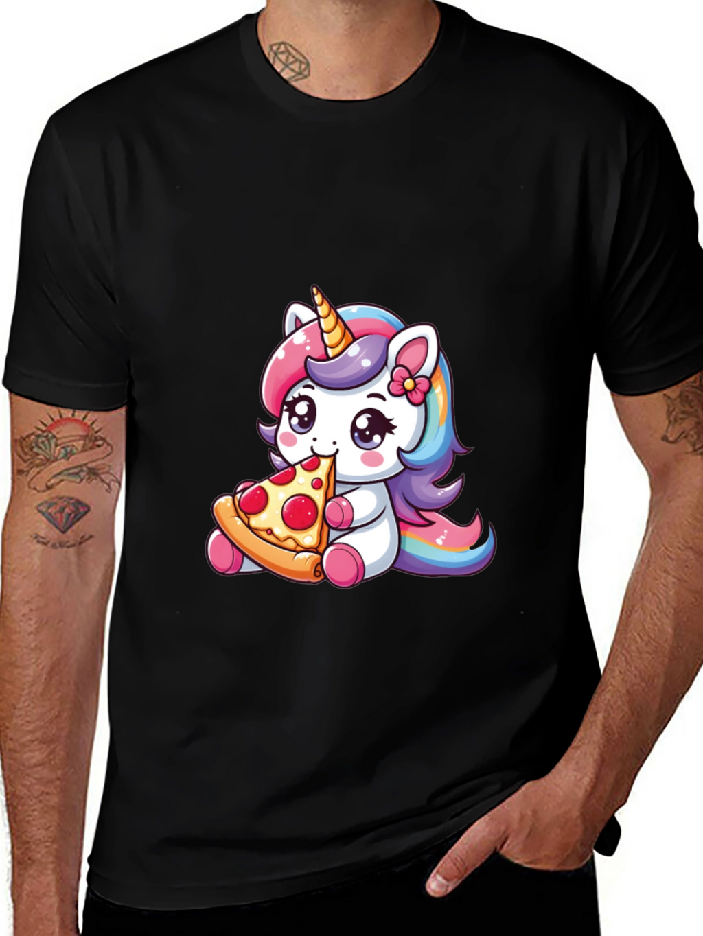 Unicorn Eating Pizza Black T-Shirt