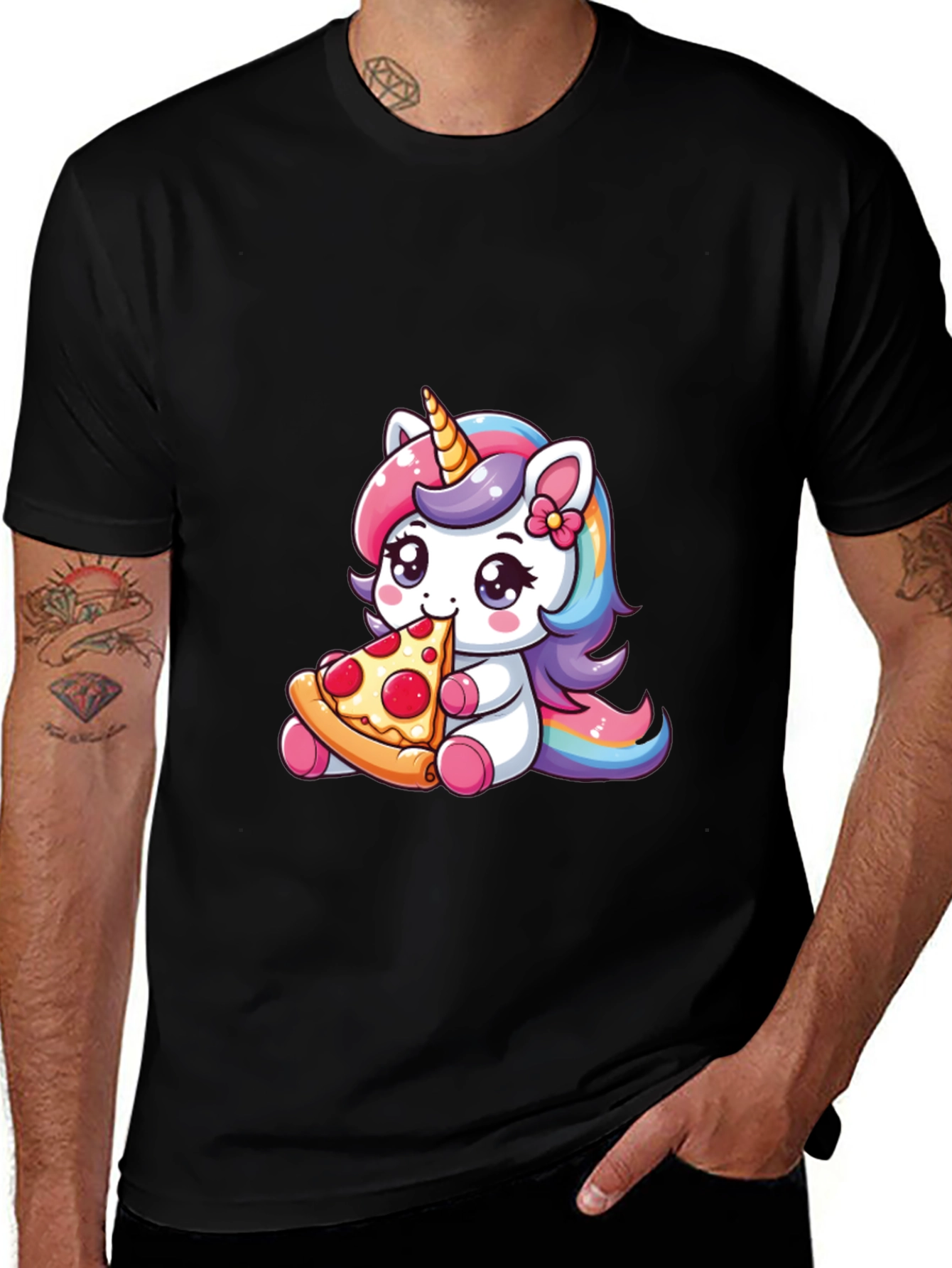 Unicorn Eating Pizza Black T-Shirt