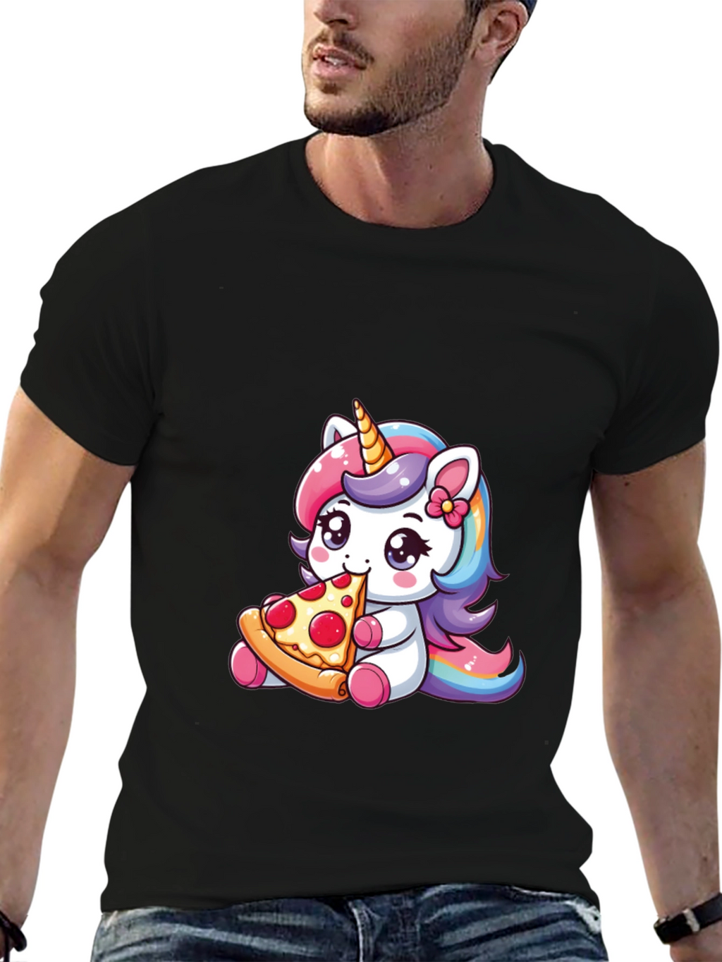 Unicorn Eating Pizza Black T-Shirt