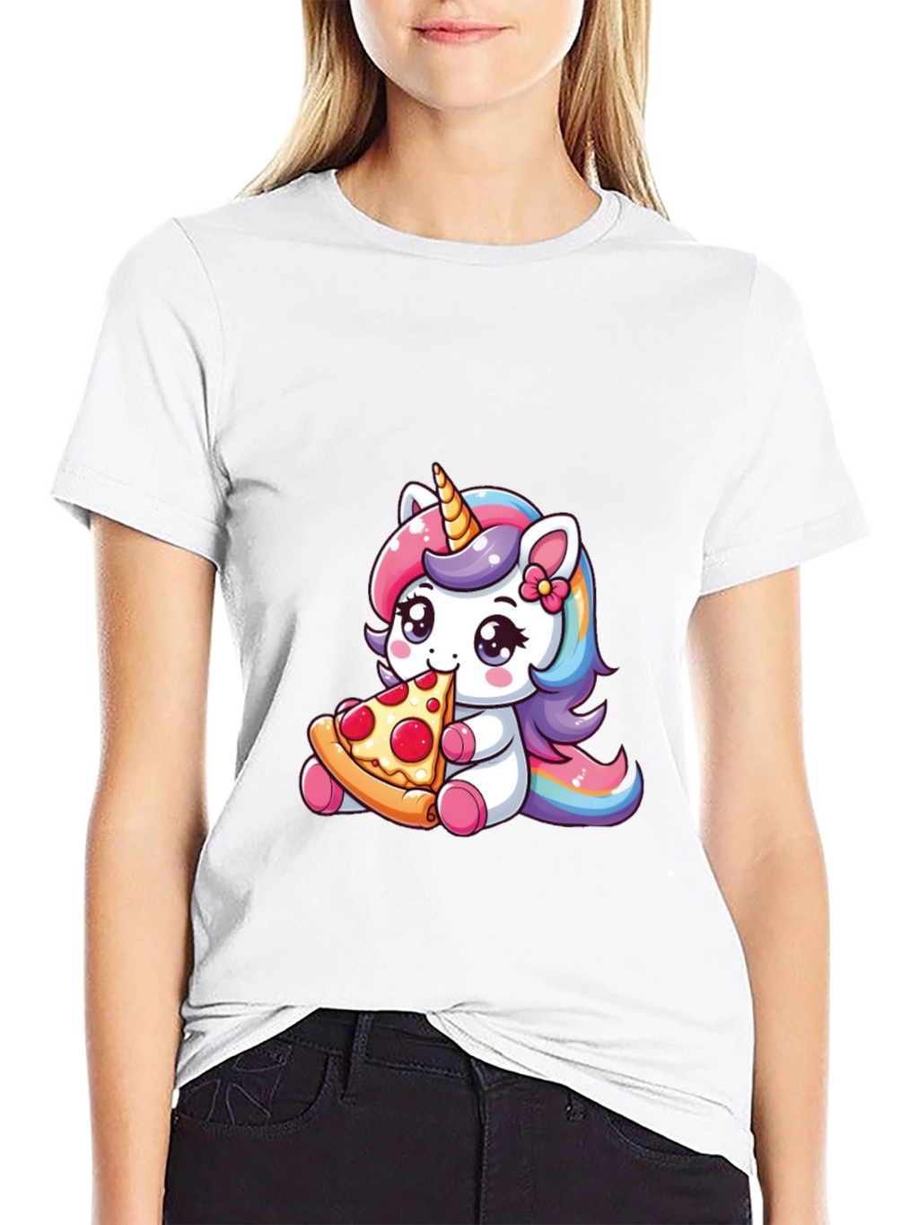 Unicorn Eating Pizza Black T-Shirt