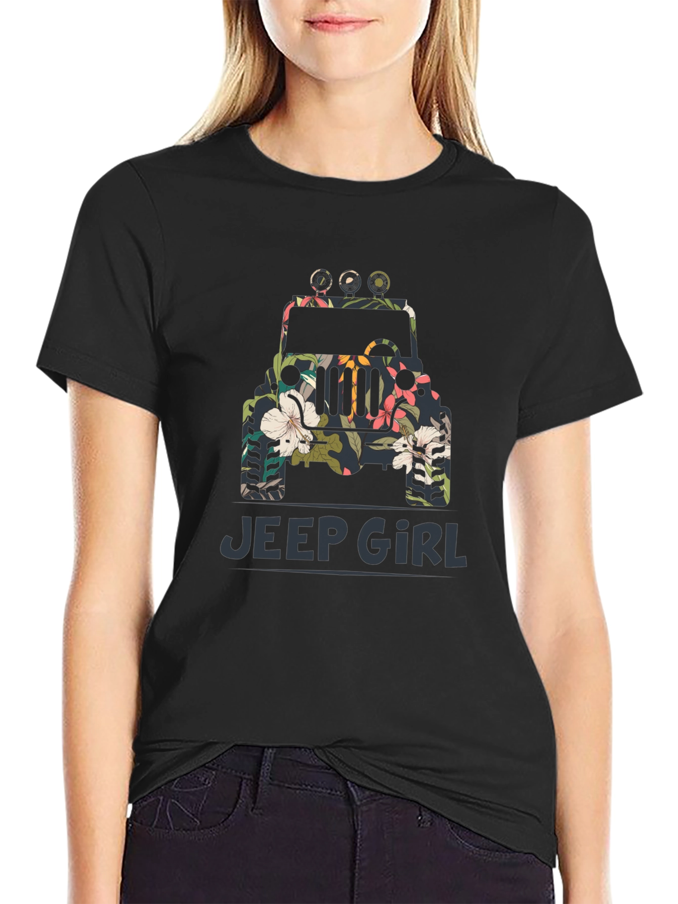 Jeep Girl Floral Graphic Black T-Shirt