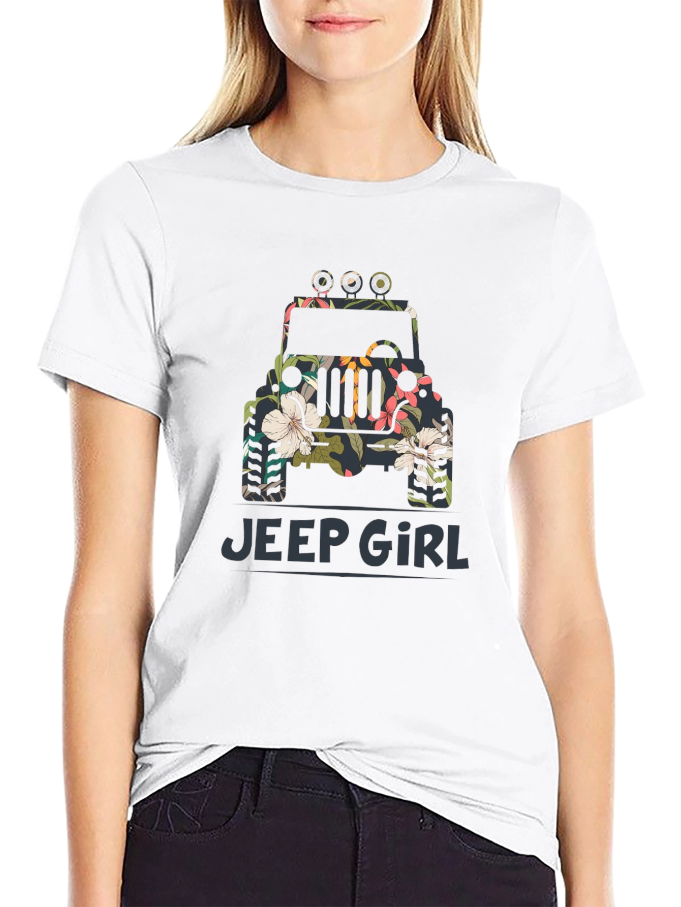 Jeep Girl Floral Graphic Black T-Shirt