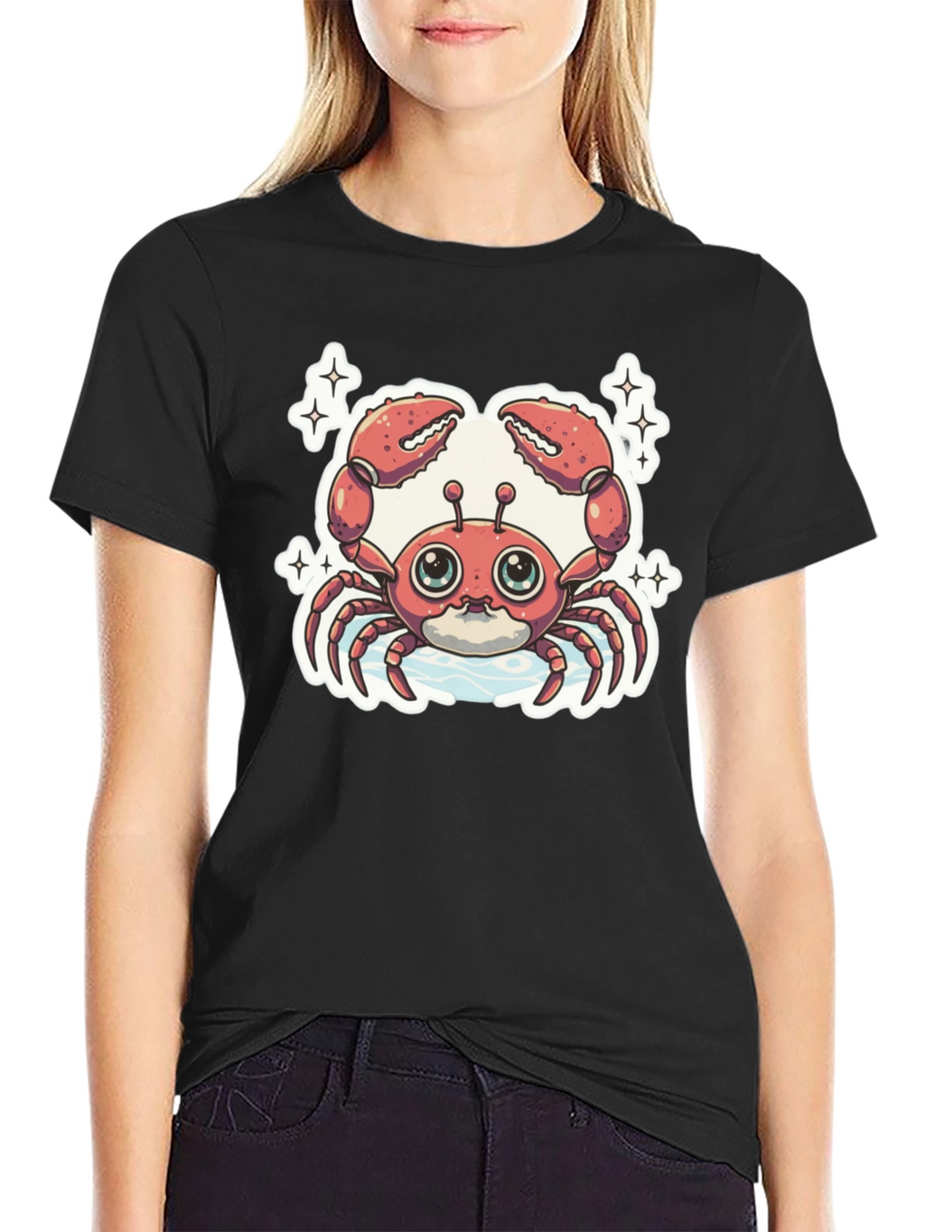 Cute Cartoon Crab Graphic Tee - Black
