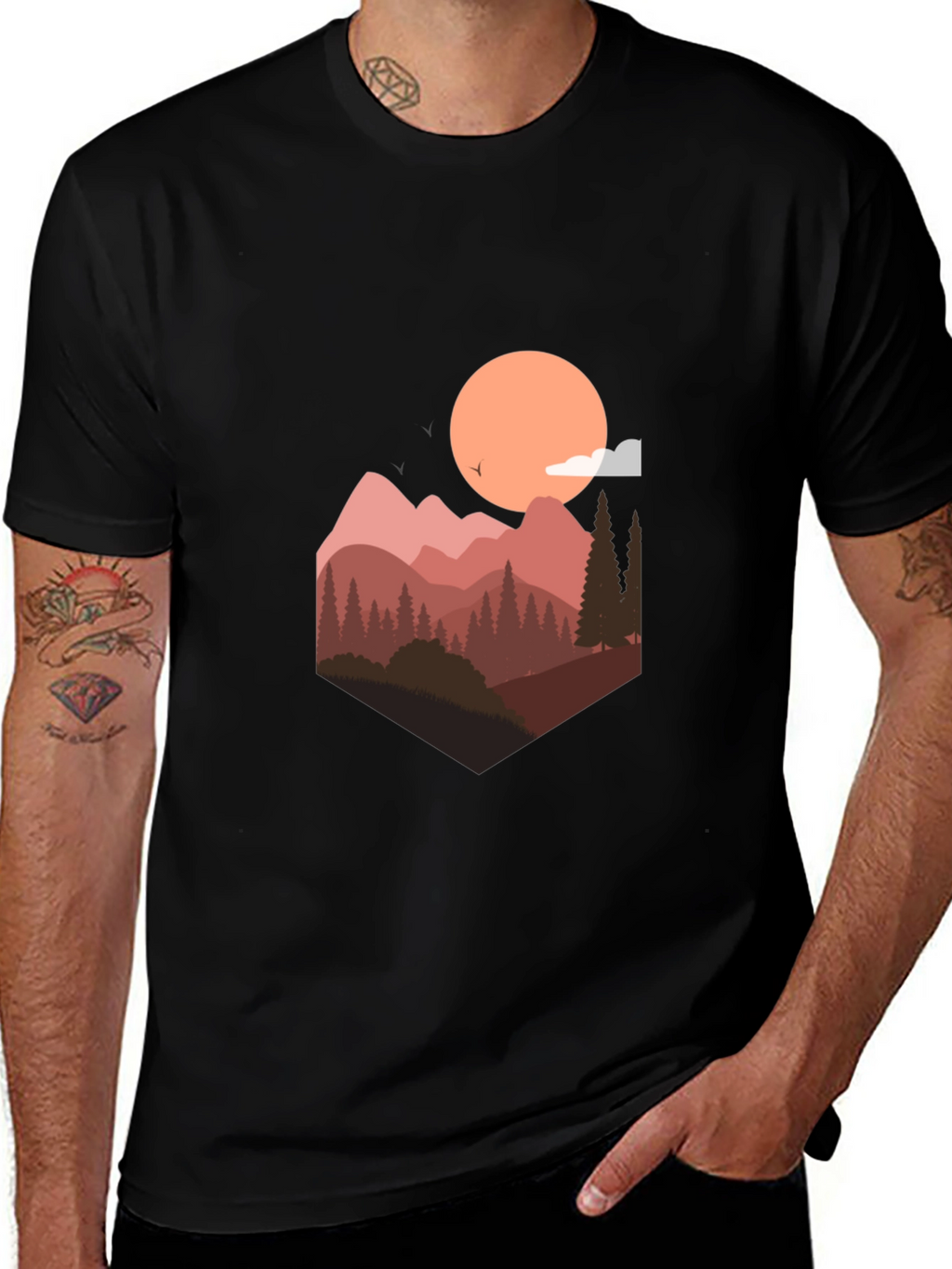 Mountain Sunset Graphic Tee - Stylish Mens Black T-Shirt
