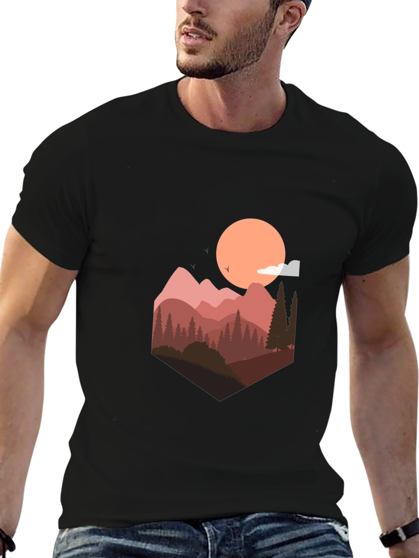 Mountain Sunset Graphic Tee - Stylish Mens Black T-Shirt