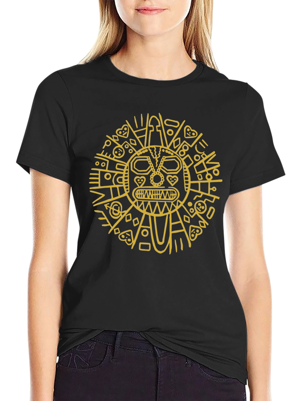 Aztec Sun God Graphic Tee - Black
