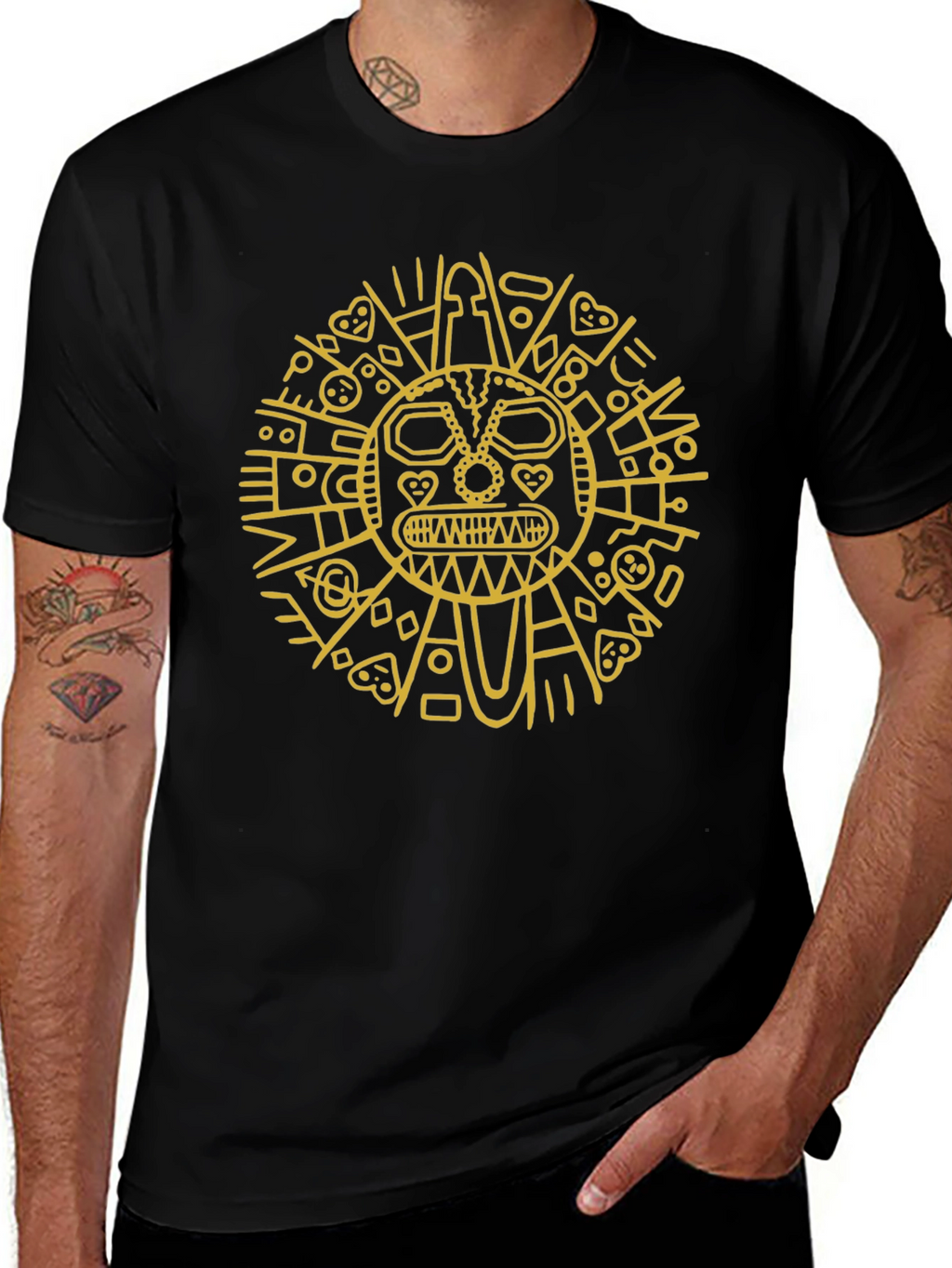 Aztec Sun God Graphic Tee - Black