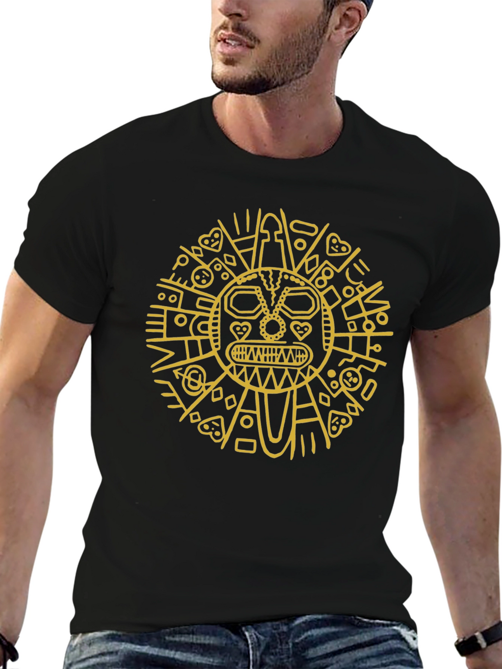 Aztec Sun God Graphic Tee - Black