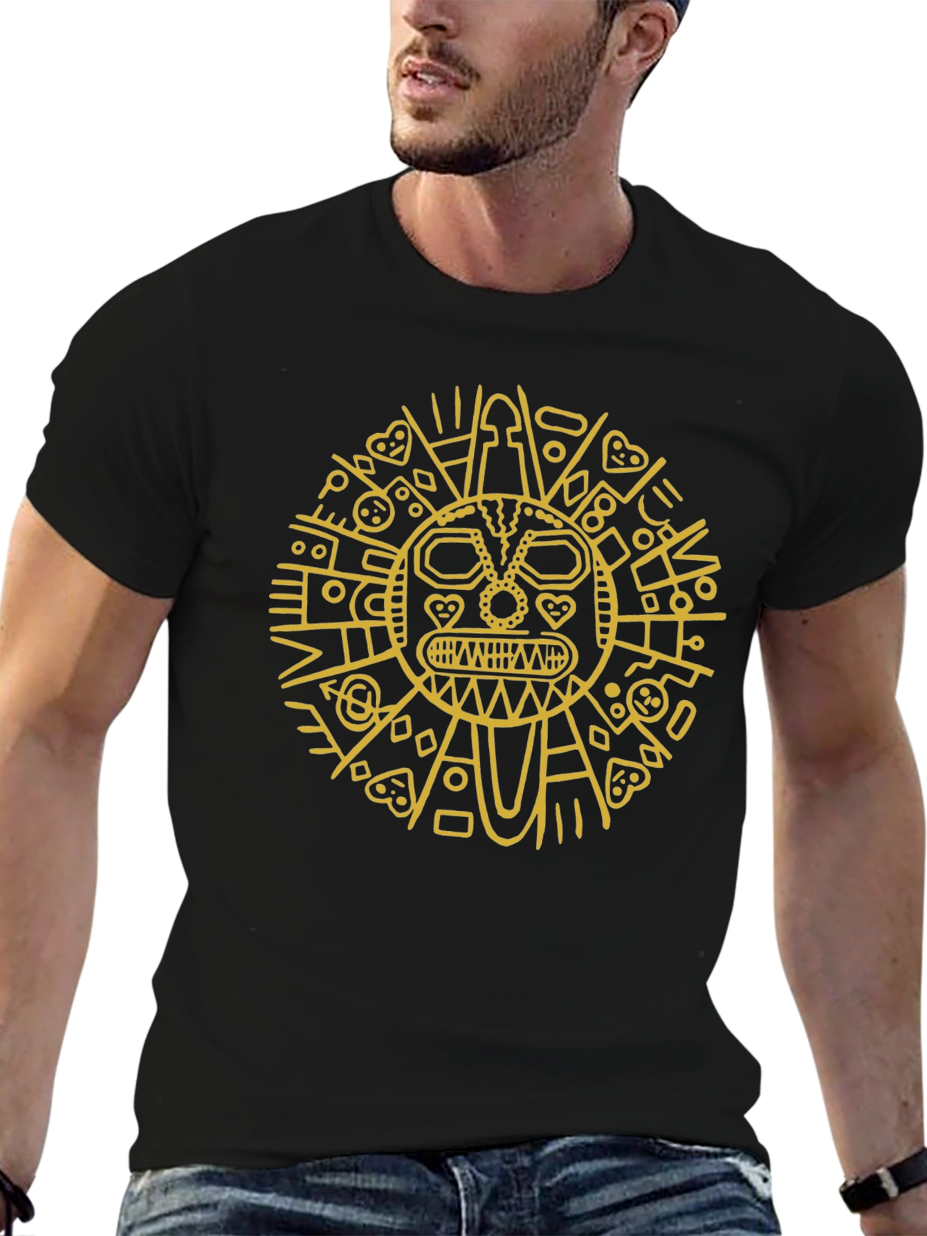 Aztec Sun God Graphic Tee - Black
