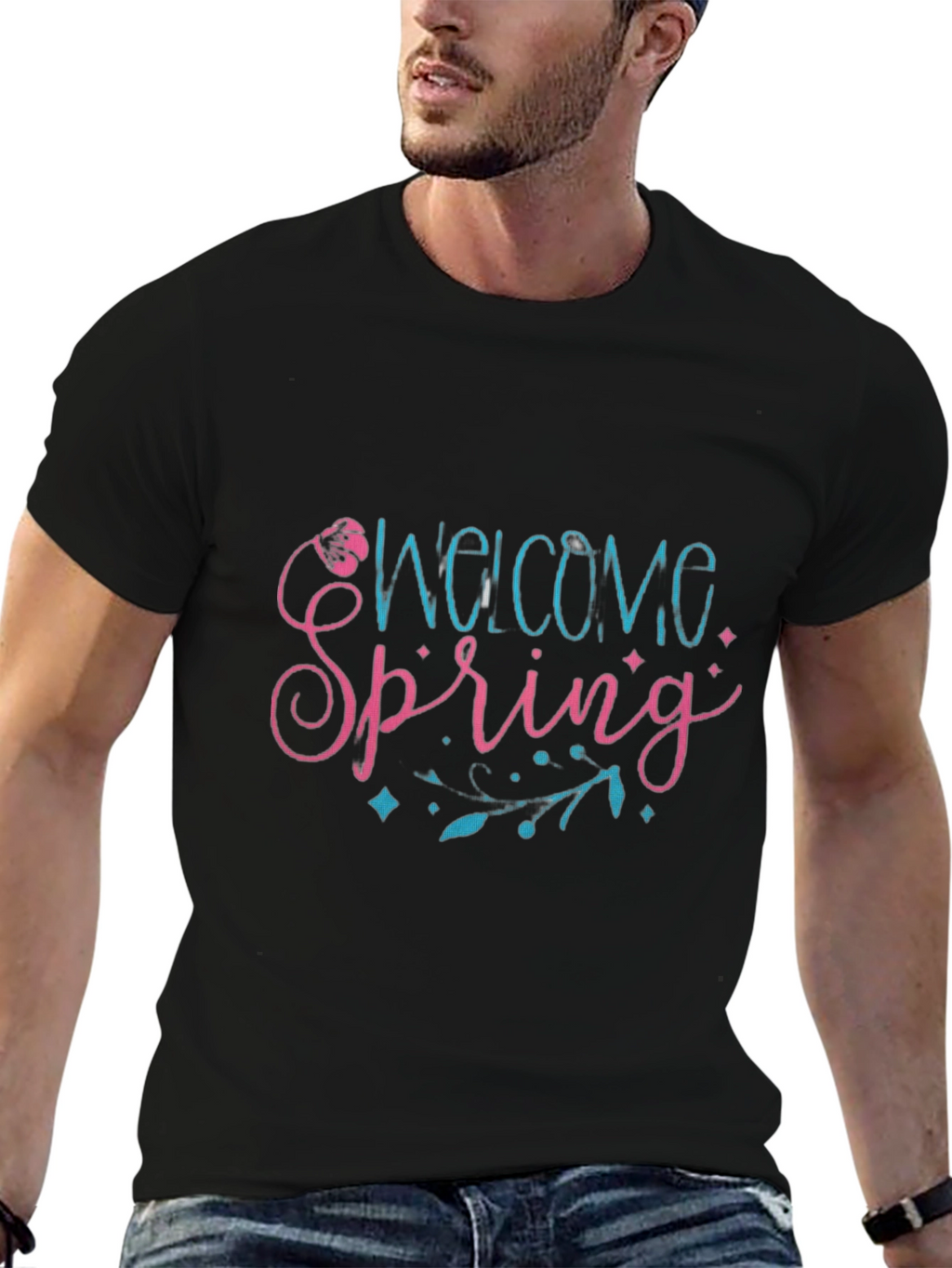 Welcome Spring Black Graphic T-Shirt