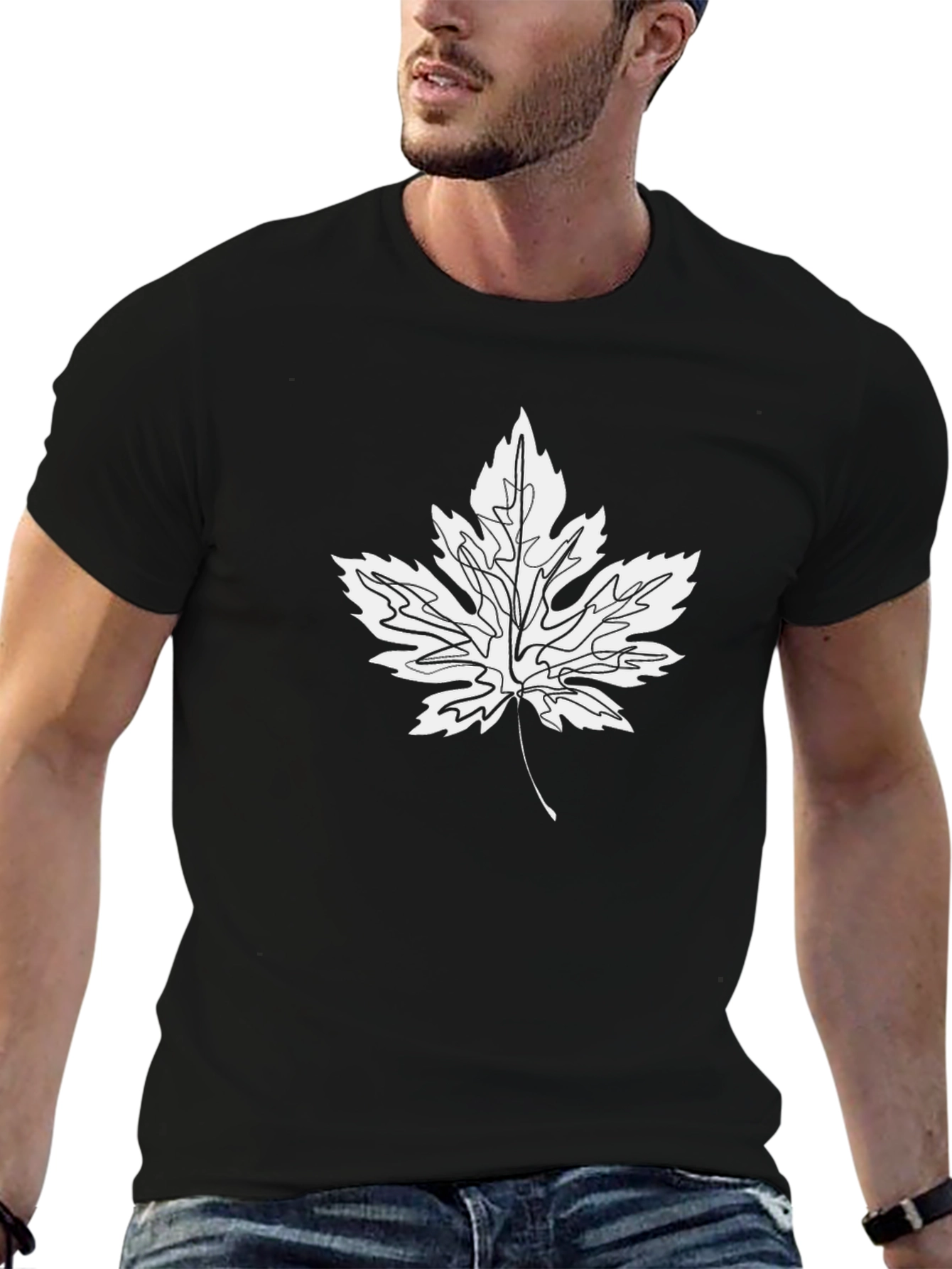 Black T-Shirt with White Maple Leaf Graphic
