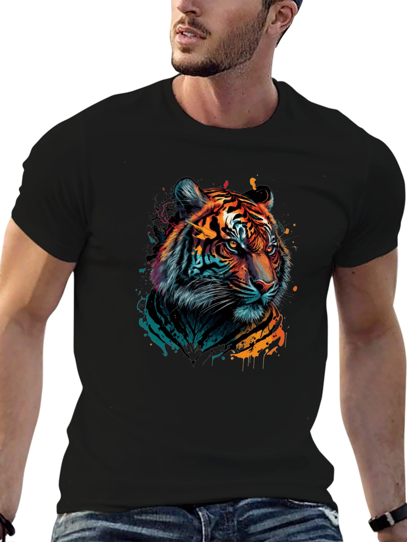 Vibrant Tiger Graphic Black T-Shirt