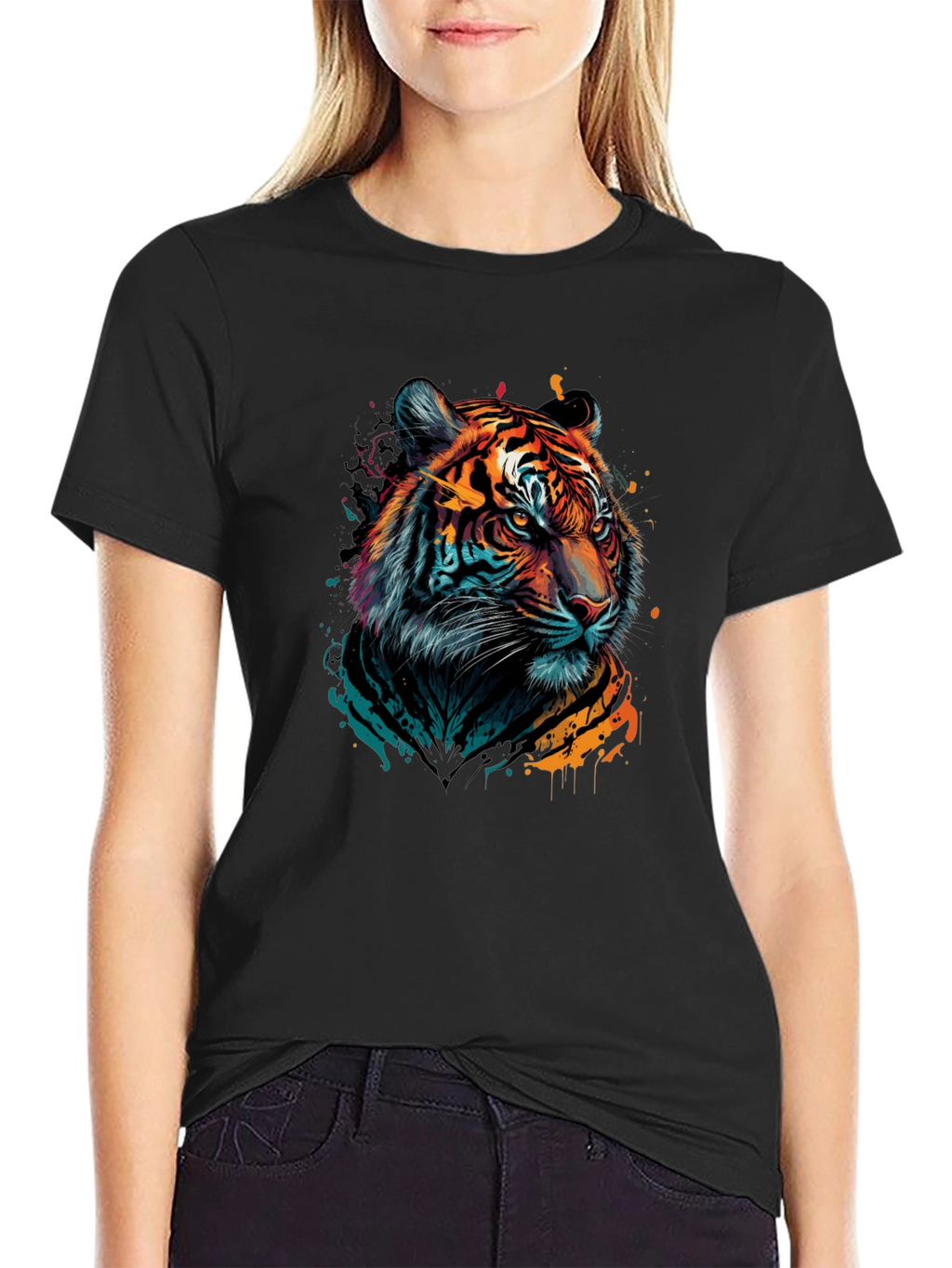 Vibrant Tiger Graphic Black T-Shirt