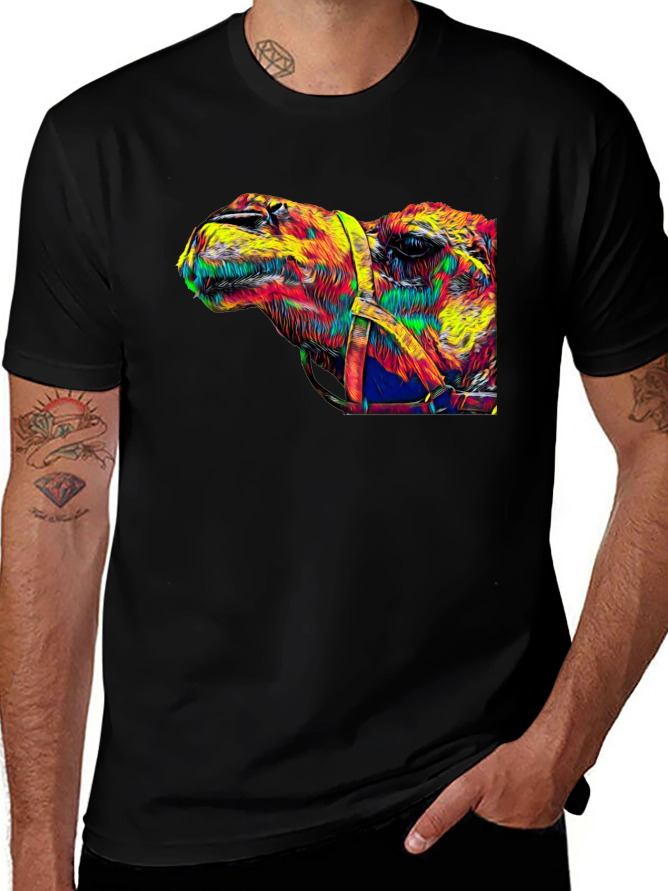 Colorful Camel Graphic Print Black T-Shirt