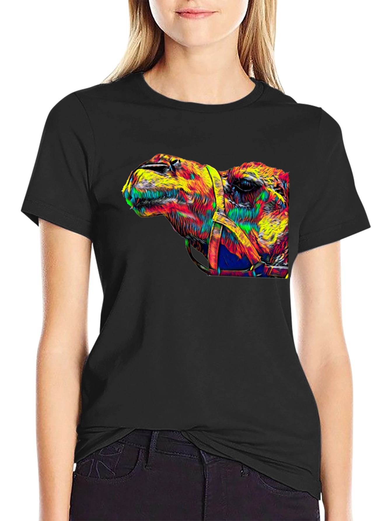 Colorful Camel Graphic Print Black T-Shirt