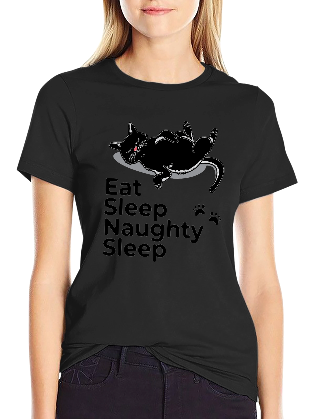 Eat Sleep Naughty Sleep Black Cat T-Shirt