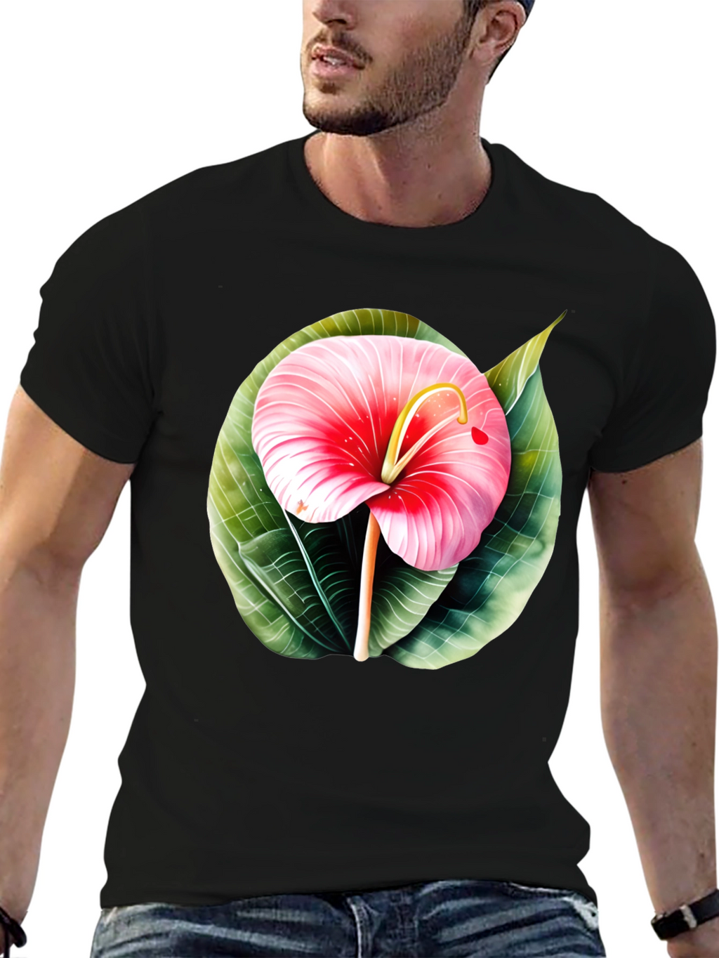 Tropical Flower Graphic Tee - Mens Black T-Shirt