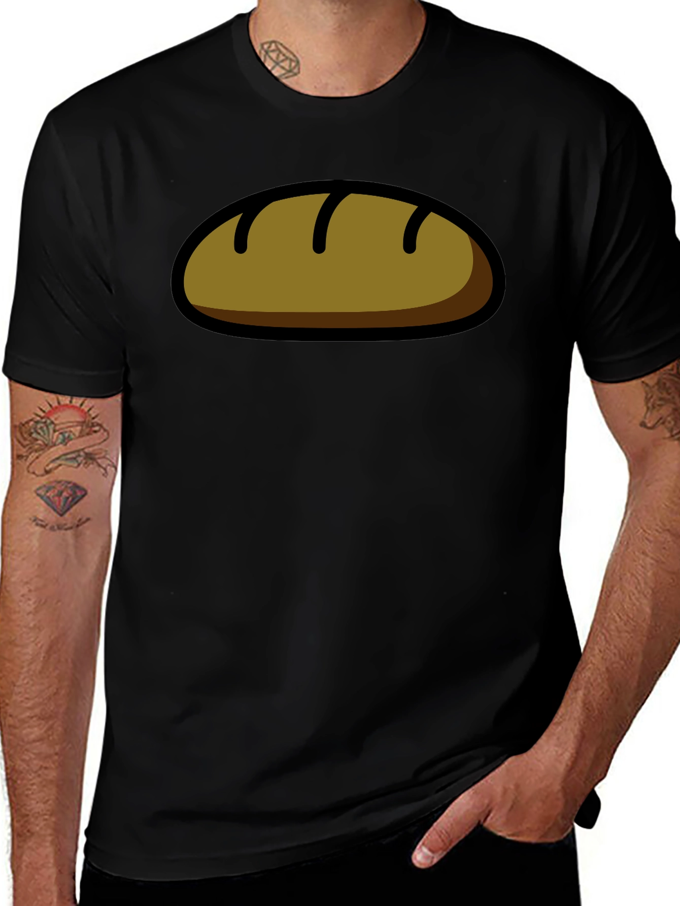 Funny Bread Cartoon Graphic T-Shirt - Black