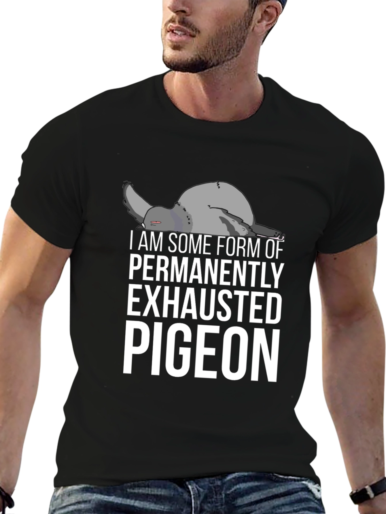 Exhausted Pigeon Graphic Tee - Unisex Black T-Shirt