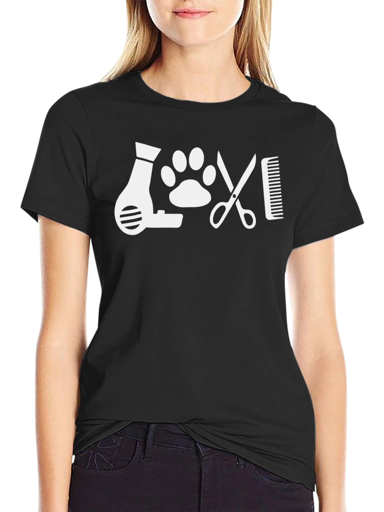 Groomer T-Shirt - Pet Stylist Hair Dryer Paw Print Scissors