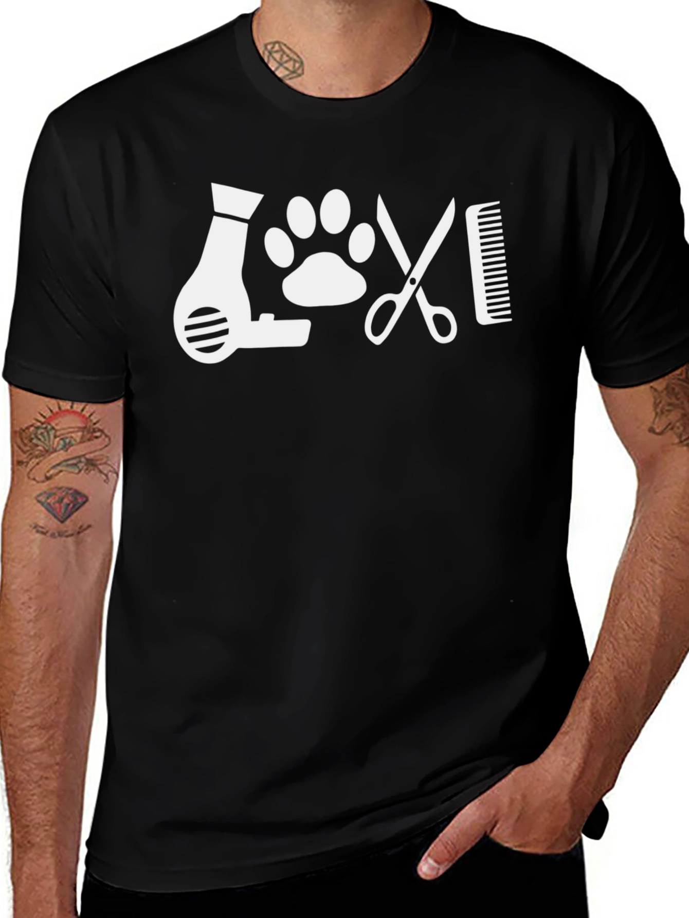 Groomer T-Shirt - Pet Stylist Hair Dryer Paw Print Scissors