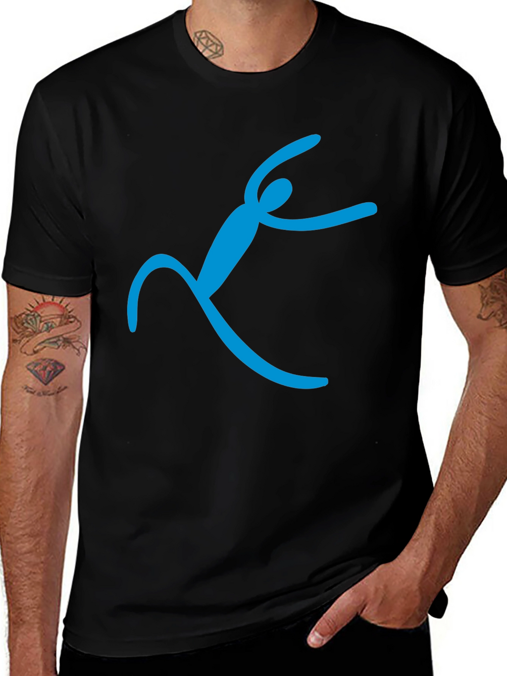 Black T-Shirt with Abstract Blue Figure Design