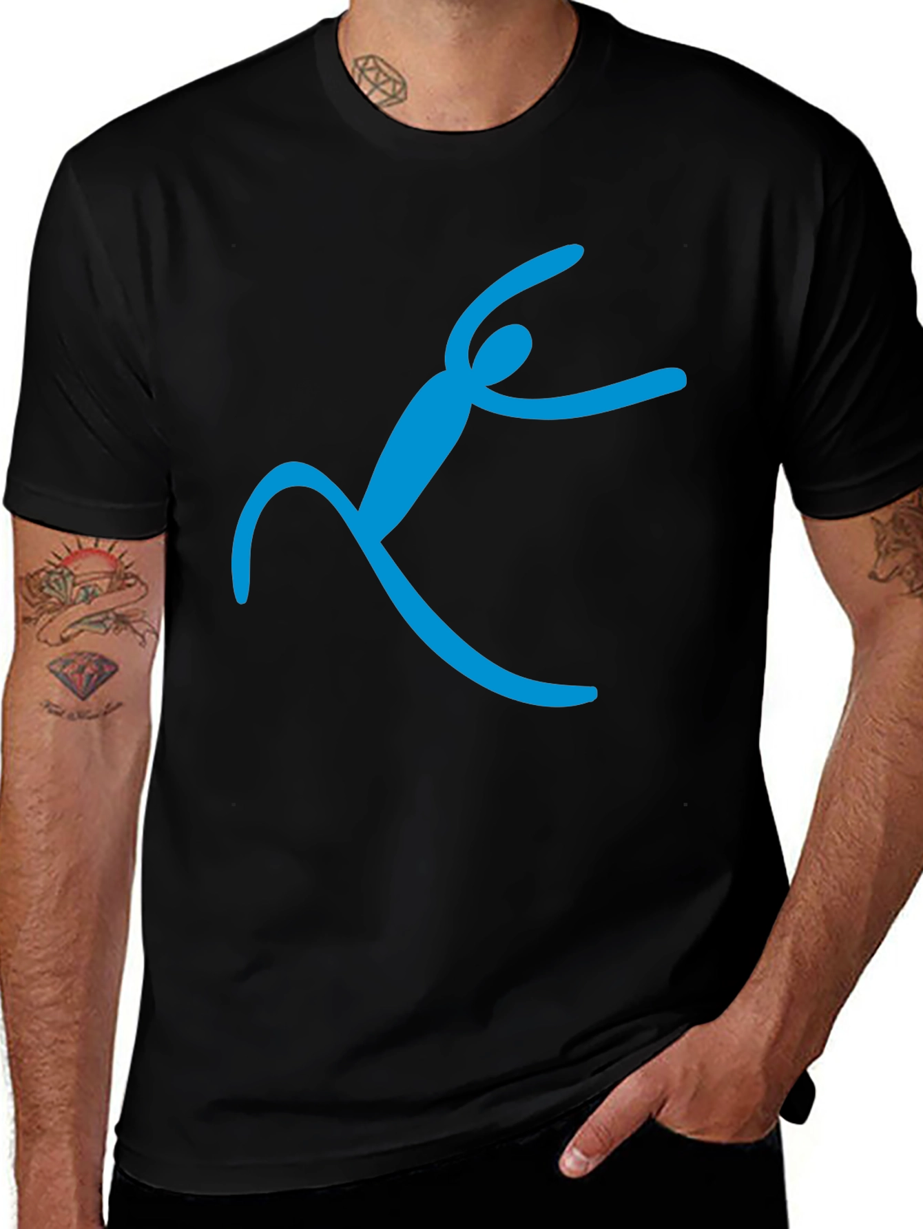 Black T-Shirt with Abstract Blue Figure Design