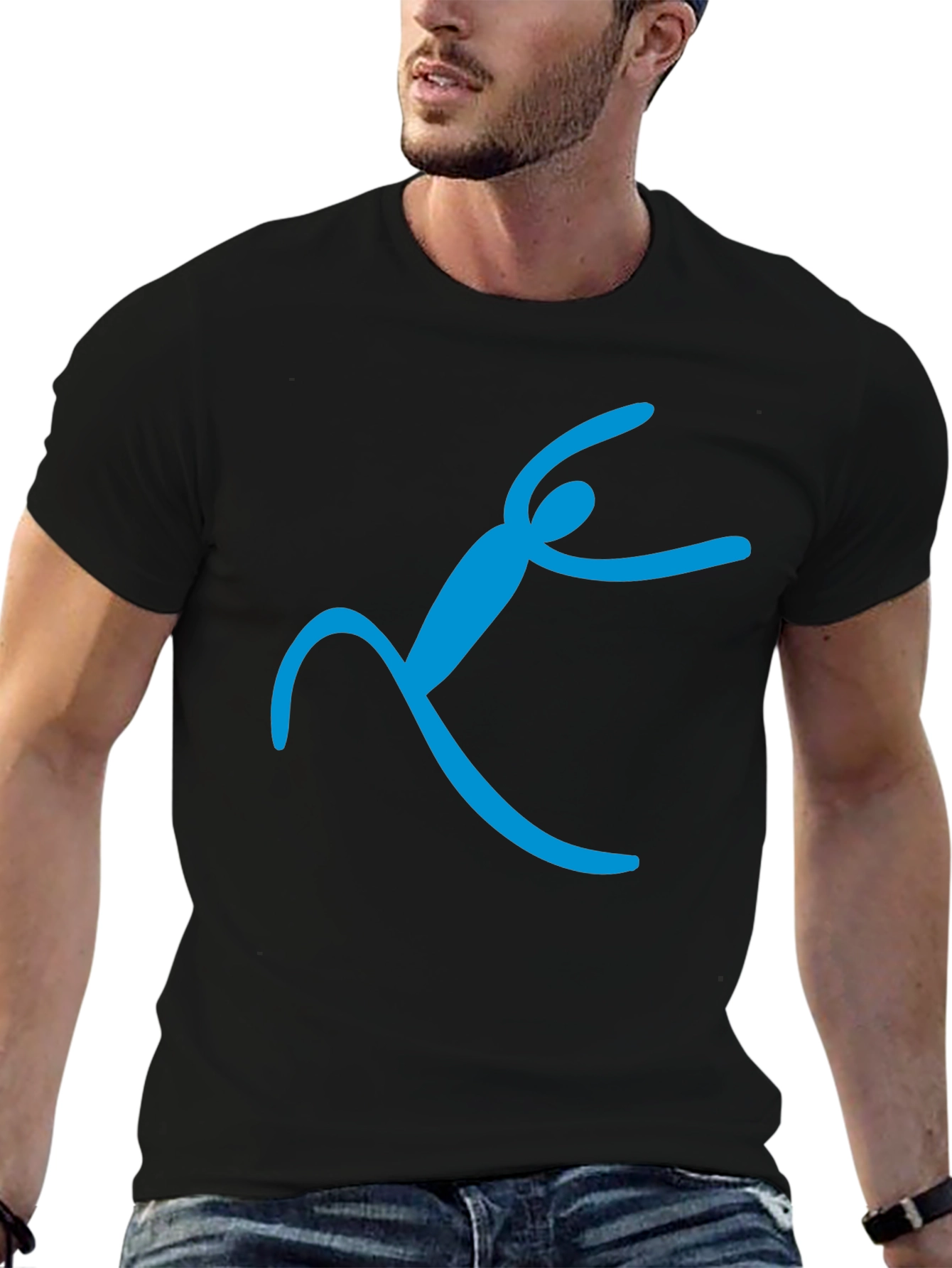 Black T-Shirt with Abstract Blue Figure Design