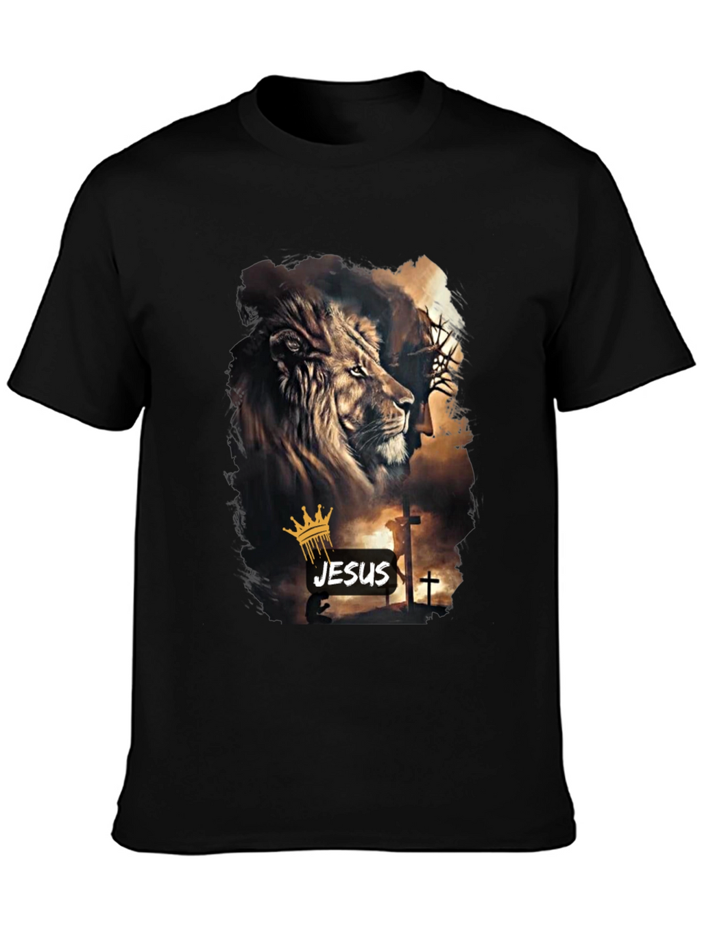 Lion and Jesus Graphic Black T-Shirt